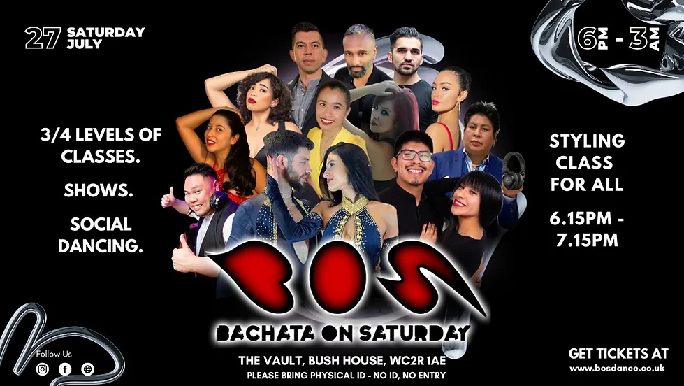 Poster graphic for Bachata on Saturday in July 2024