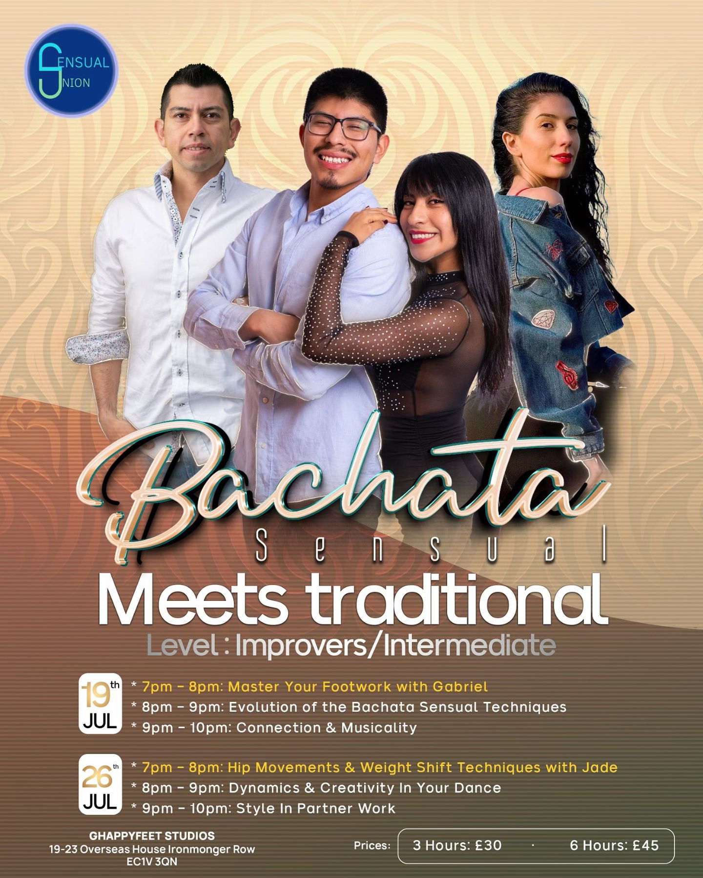 Poster graphic for the Sensual Union workshop of Bachata Sensual Meets Traditional