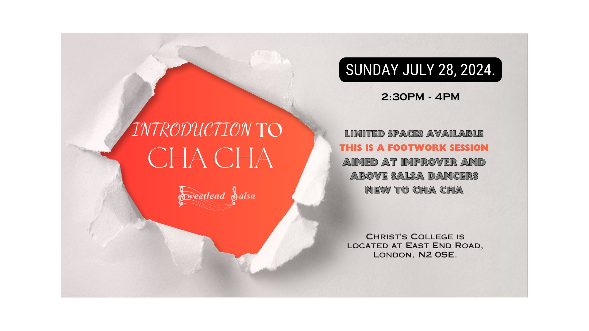 Poster graphic for introduction to Cha Cha workshop