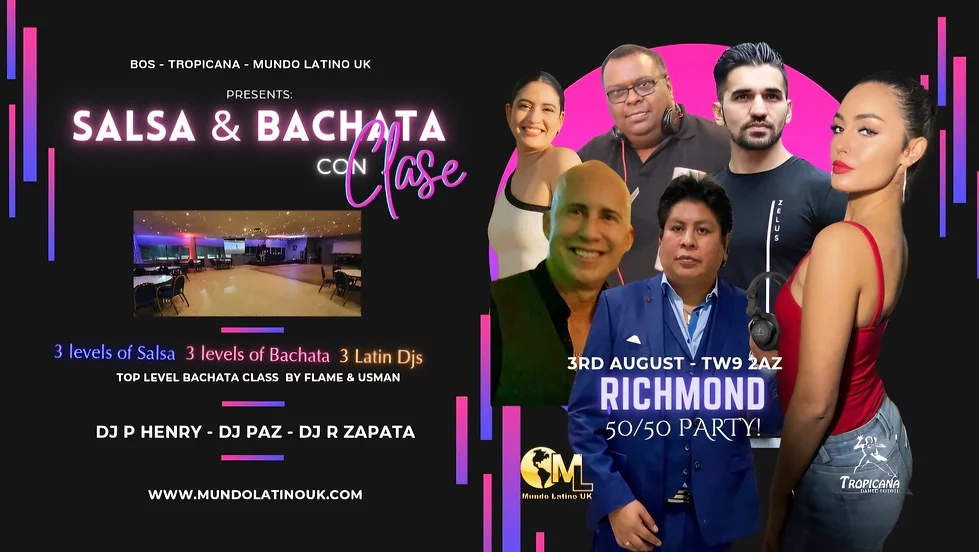 Poster graphic for salsa bachata con clase launch night