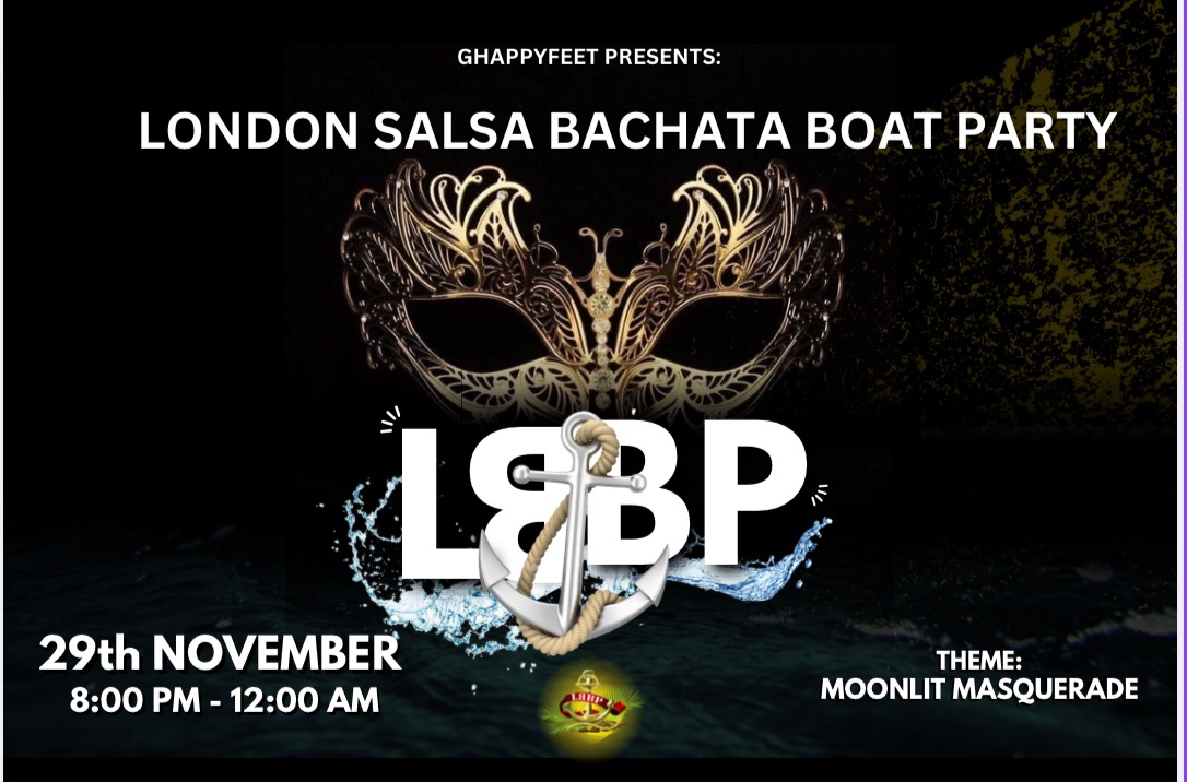Poster graphic for Moonlit Masquerade Bachata Boat Party